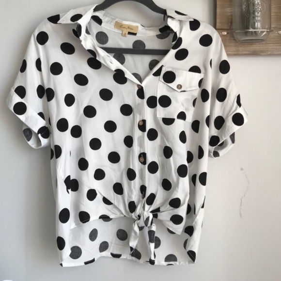 Love Notes Polka Dot Tie Front‎ Button Up Blouse size Small lightweight bohemian - Picture 1 of 9